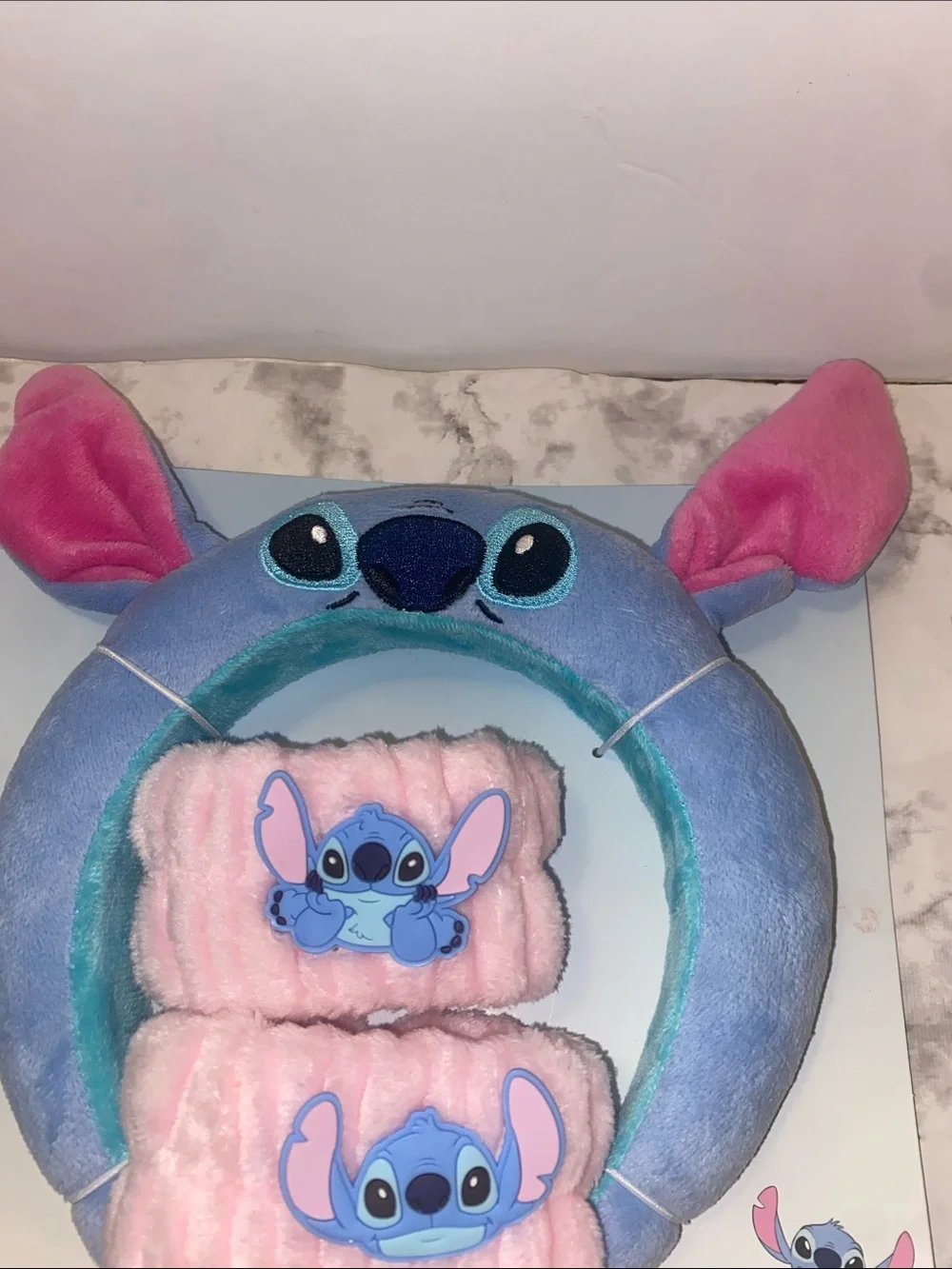 Claire's Blue & Pink Stitch Plush Headband with Pink Wrist Cuffs